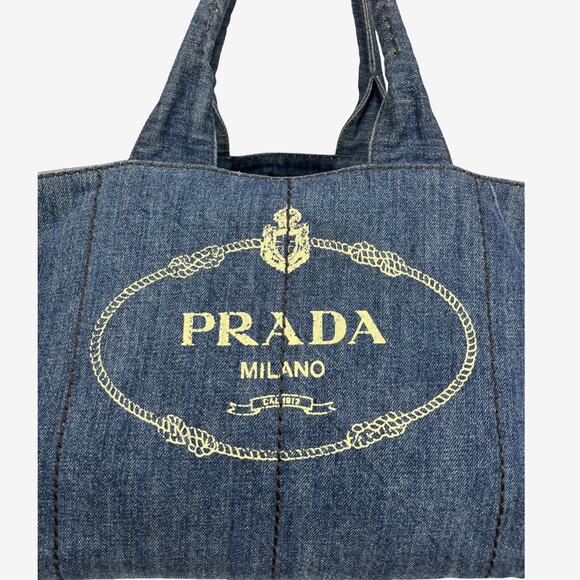 Prada Canapa Denim Logo Tote Bag Blue XL Large Top Handle Milano Italy - Picture 5 of 16